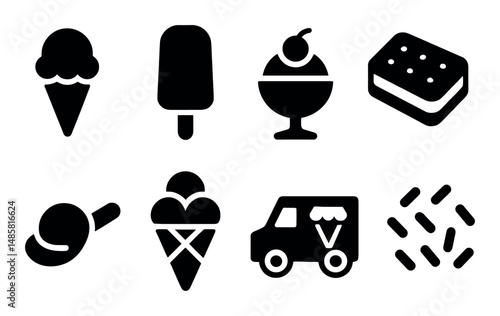 Ice cream icon set: cone, popsicle, sundae, sandwich, truck