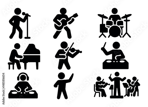 Silhouette musicians playing instruments in various performances