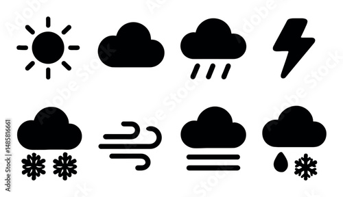 Weather icons set: sun, clouds, rain, snow, wind, lightning