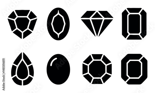 Set of eight different gemstone shapes in black and white