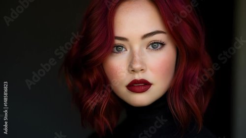 Wallpaper Mural Woman with red wavy hair, bold lipstick, and freckled skin stares ahead against a dark backdrop Torontodigital.ca