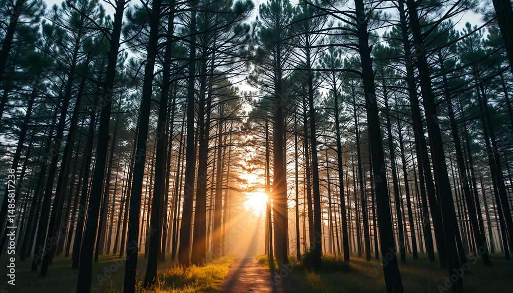 Naklejka premium Forest Path Illuminated by Golden Sunlight Through Tall Pine Trees