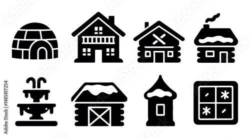 Collection of various winter-themed houses and structures icons