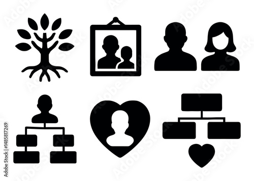 Family and organization icons: tree, portraits, flowcharts