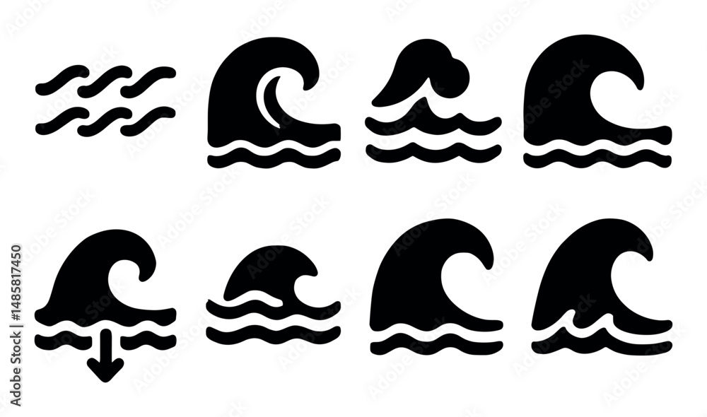 Black wave symbols collection: various ocean and sea wave designs Black wave symbols collection: various ocean and sea wave designs