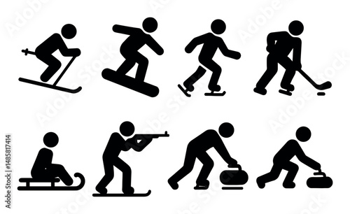 Winter sports icons: skiing, snowboarding, skating, curling, more