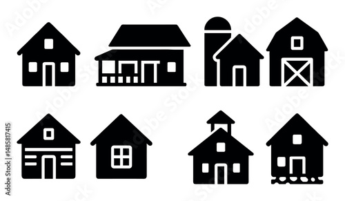Collection of simple black house and barn silhouettes