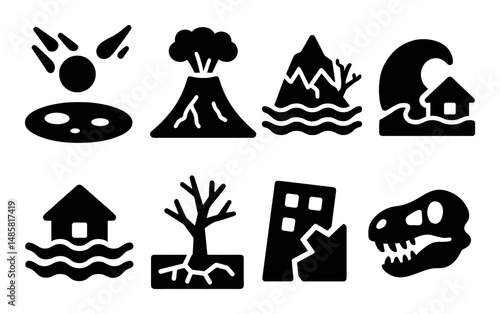Natural disaster symbols: meteor, volcano, flood, earthquake, tsunami