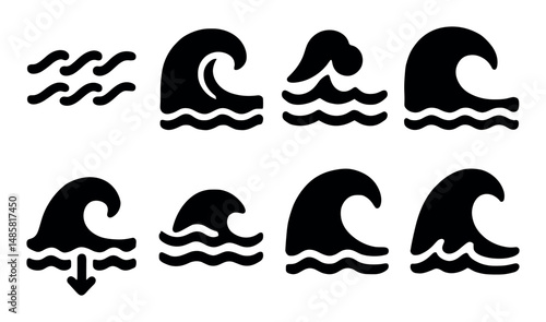 Black wave symbols collection: various ocean and sea wave designs