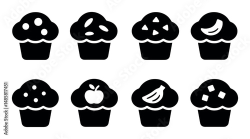 Silhouette icon set of various muffins with fruit and toppings