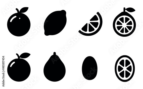 Black silhouette icons of citrus fruits and various shapes