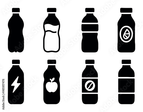 Set of various beverage bottles with different designs and shapes