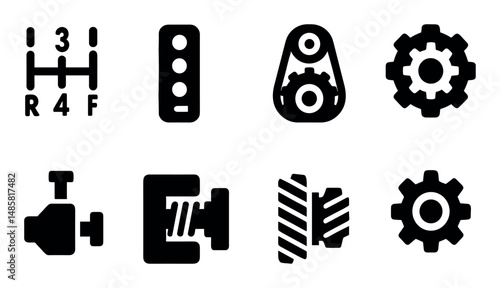 Black automotive icons: transmission, engine, gear, belt, filter