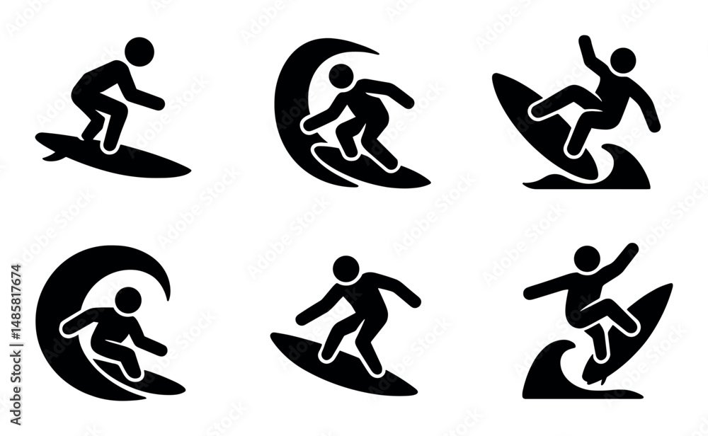 Obraz premium Silhouette icons of surfers riding waves in various poses