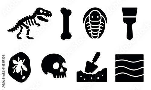 Dinosaur fossil icons: skeleton, trilobite, skull, trowel, bone