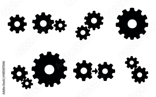 Black gear symbols on white background in various configurations