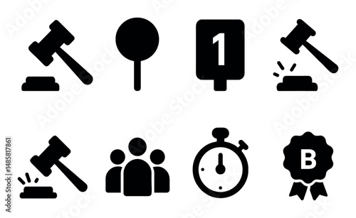Auction icons collection: gavel, stopwatch, award, group tools