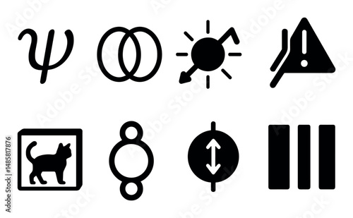 Eight bold black icons including cat, arrows, warning, psi symbol