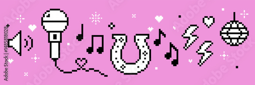 Y2k inspired cowgirls disco party design. Retro party karaoke isolated vector illustration in pixel art. Mic, music note, festival. Mood of 90's banner. Funny game abstract elements on pink background
