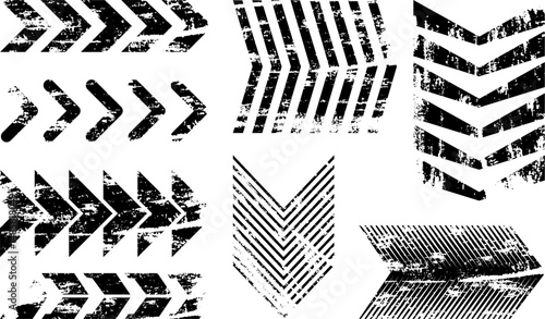 Grunge arrow vector set with distressed chevron shapes and textured directional symbols for urban design, warning signs, or abstract backgrounds

