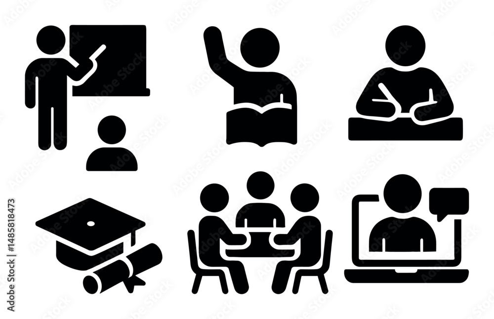 Education icons: teaching, learning, graduation, online classes Education icons: teaching, learning, graduation, online classes
