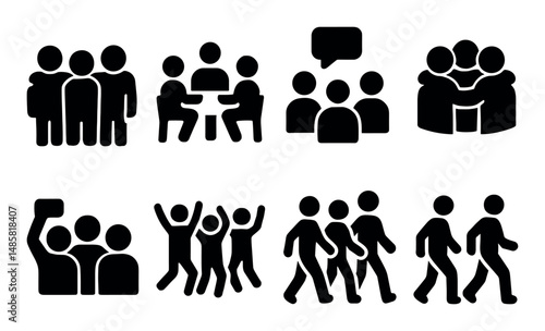 Silhouette icons of group activities and social interactions