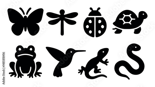 Silhouette icons of insects and reptiles on white background