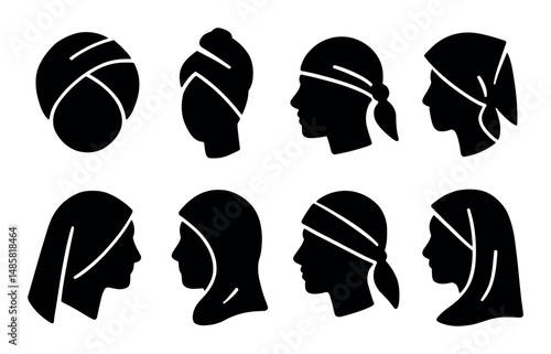 Silhouette profiles with headscarves of females in various styles