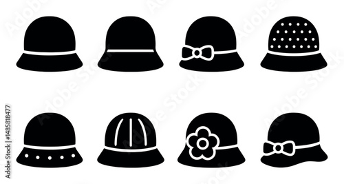 Collection of eight stylish hat silhouettes with unique designs
