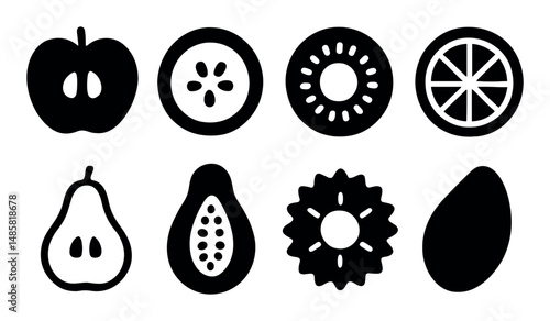 Black and white fruit icons: apple, kiwi, orange, pear, papaya