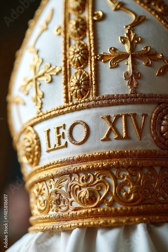 Weiß-goldene Papst Mitra mit Stickereien