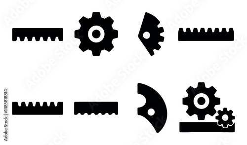 Set of industrial icons: gears, cogs, racks, circular blades