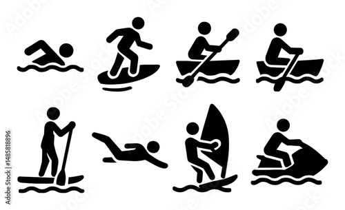 Water sports icons: swimming, surfing, kayaking, and more activities