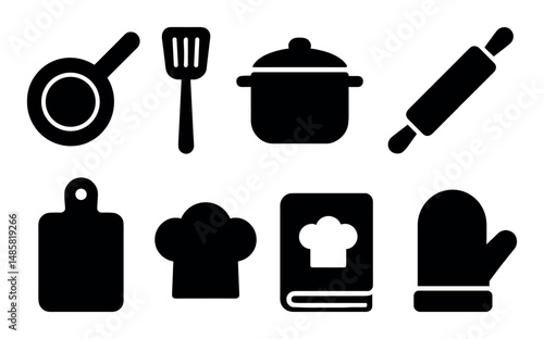 Black kitchen utensils set: pan, pot, spatula, rolling pin icons