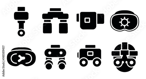 Set of eight virtual reality and optical device icons in black