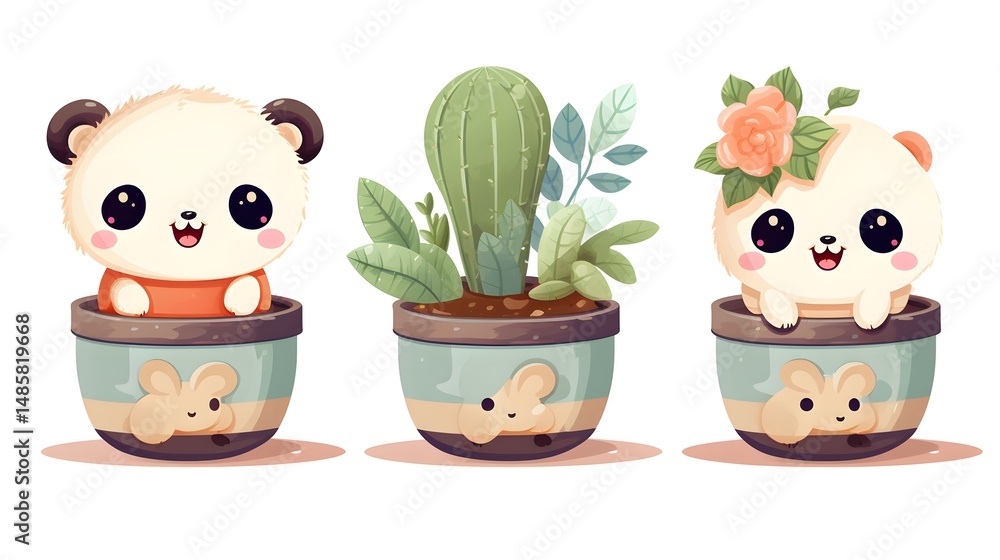 Adorable Pandas with Girl and Exotic Cactus in Ceramic Pot - Playful and Fun Animal Scene for Creative Projects Adorable Pandas with Girl and Exotic Cactus in Ceramic Pot - Playful and Fun Animal Scene for Creative Projects