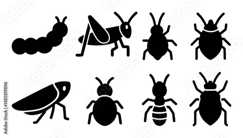 Silhouette set of insects including caterpillar and ants