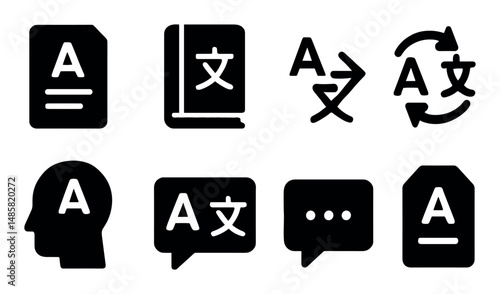 Language translation icons set with text and communication symbols