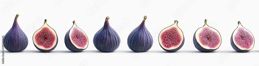Obraz premium Fresh figs, whole and halved, displayed in a row