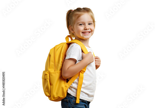 A cheerful child with a backpack, ready for school, isolated