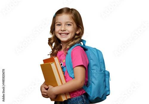 A cheerful child with a backpack, ready for school, isolated