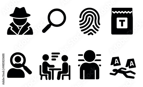 Detective icons: magnifying glass, fingerprint, interrogation symbols