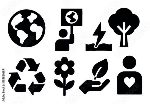 Environmental conservation icons: earth, recycling, nature symbols