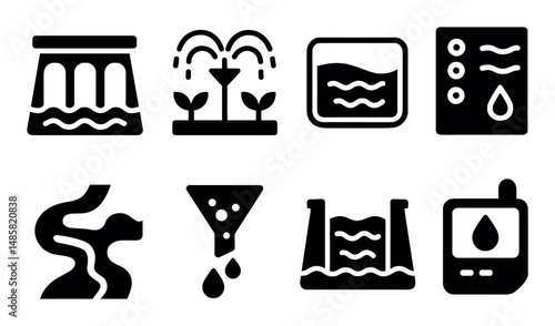 Water management icons: dam, irrigation, filtration, hydroelectric