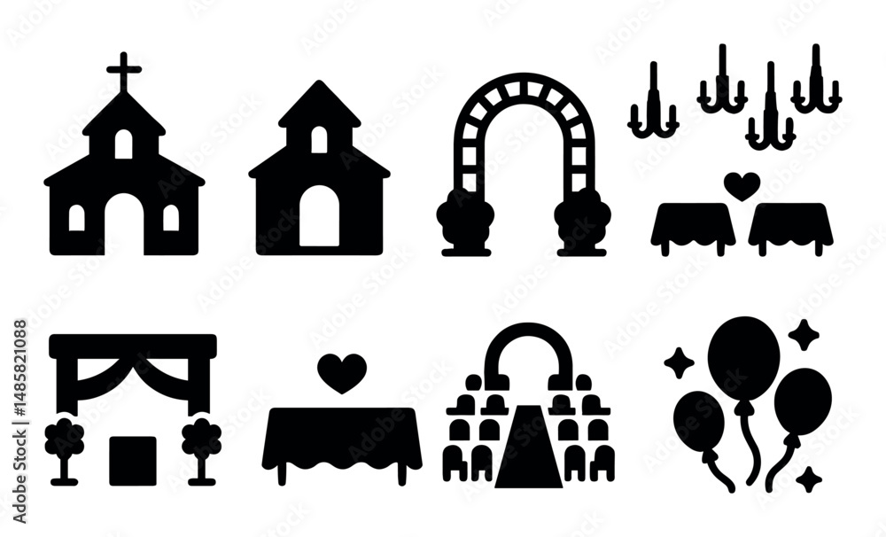 Fototapeta premium Church and wedding icons: celebration, ceremony, arch, balloons