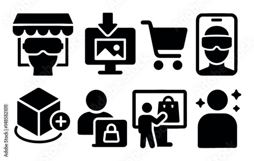 E-commerce icons: vr shopping, online cart, secure checkout