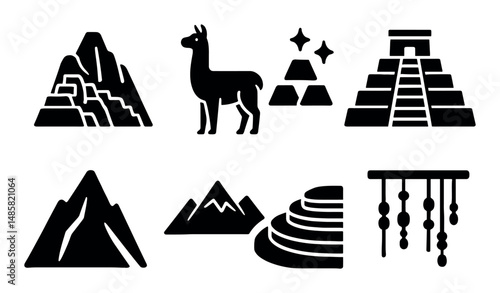 Inca symbols: llama, pyramid, mountains, gold, abacus icons