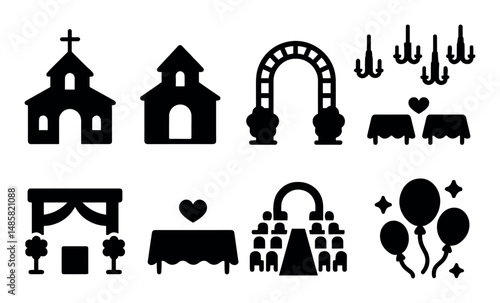 Church and wedding icons: celebration, ceremony, arch, balloons