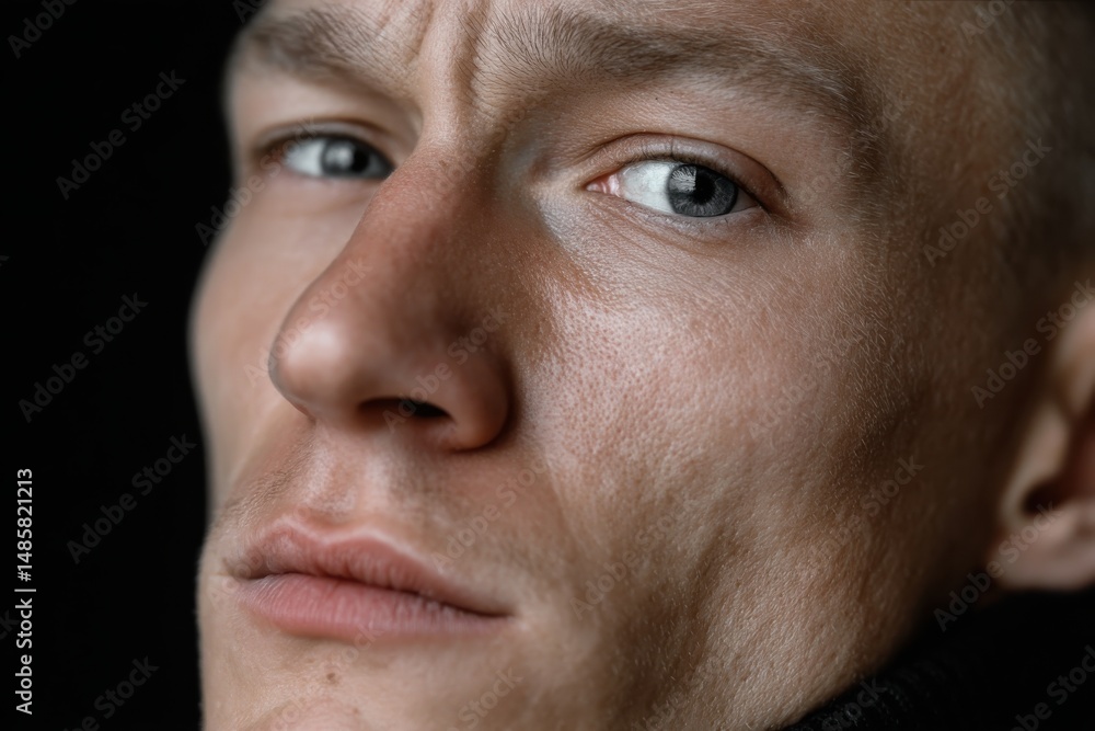 Obraz premium A thoughtful man's close-up portrait captured in shadows, emphasizing his striking features and evoking a sense of depth and contemplation in a visually impactful way.