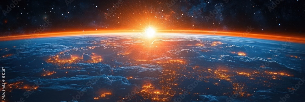 Sunrise over Earth seen from space with glowing city lights beneath clouds and starry sky in the background Sunrise over Earth seen from space with glowing city lights beneath clouds and starry sky in the background